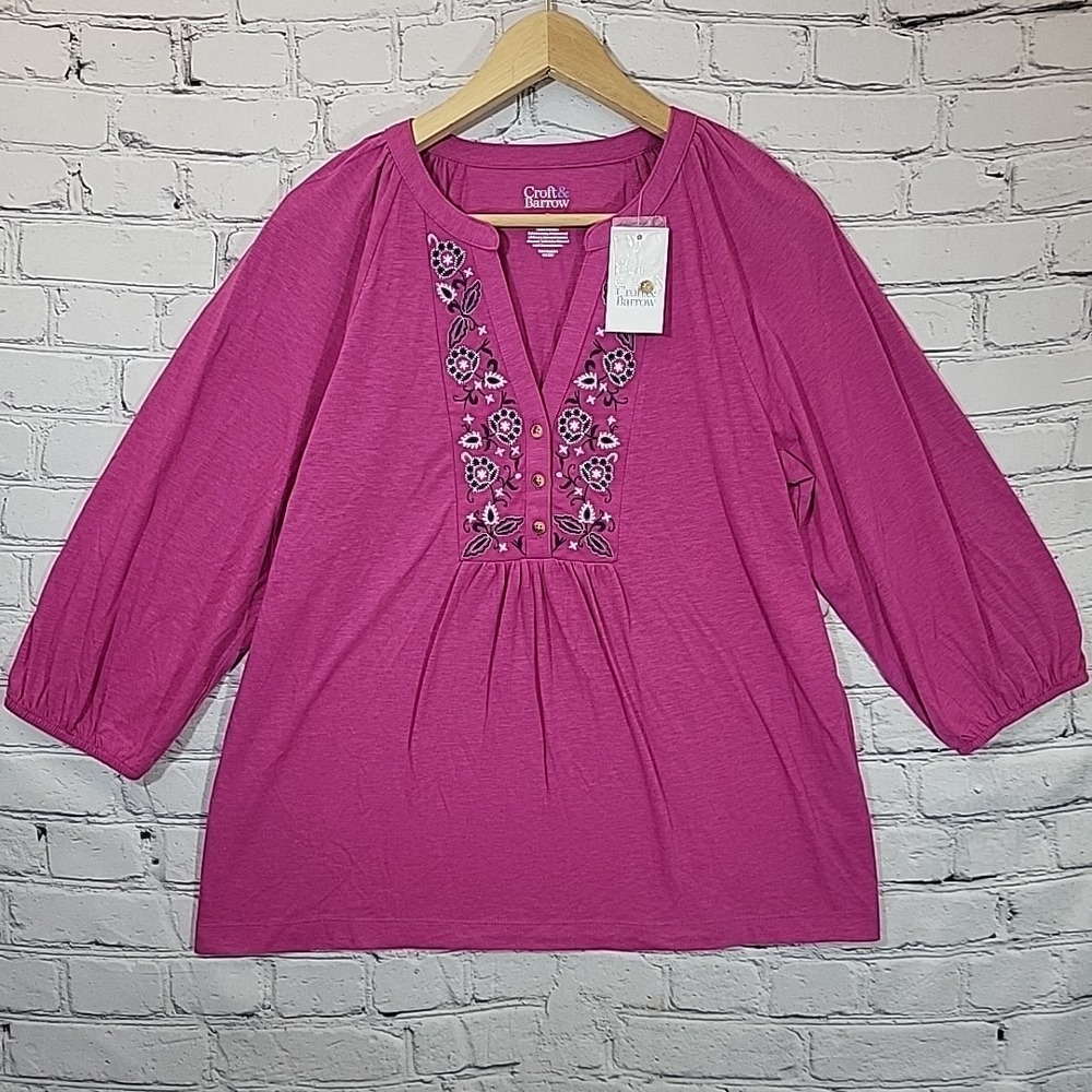 Croft & Barrow Embroidered Henley Tops Womens Small Lot of 3 Blue White Pink New - Picture 9 of 15